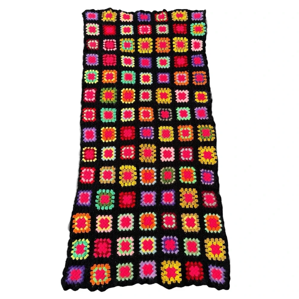Handmade Crochet Granny Square Throw Afghan 35.5 X 77 inch Multi-Color Blanket